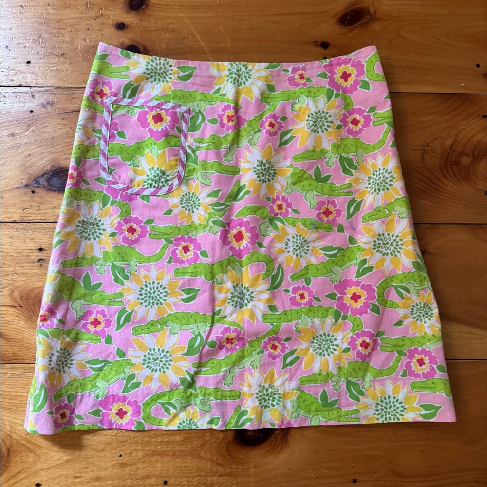 Lilly Pulitzer Pink and Green Alligator & Floral A-Line Skirt